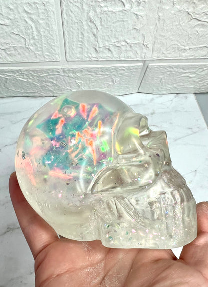 Clear Iridescent Glitter Liquid Core Snow Globe Skull Decoration