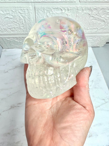 Clear Iridescent Glitter Liquid Core Snow Globe Skull Decoration