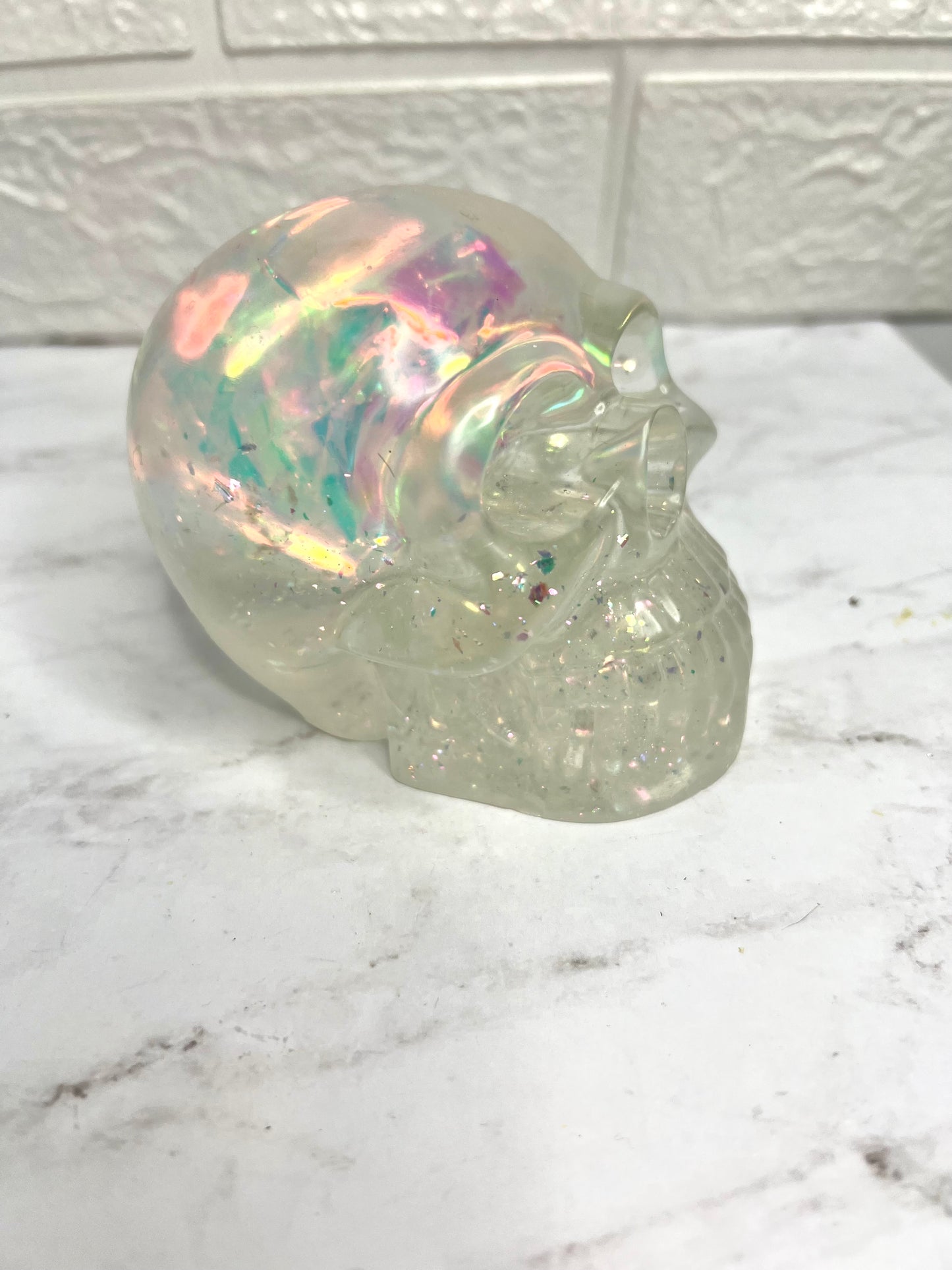 Clear Iridescent Glitter Liquid Core Snow Globe Skull Decoration