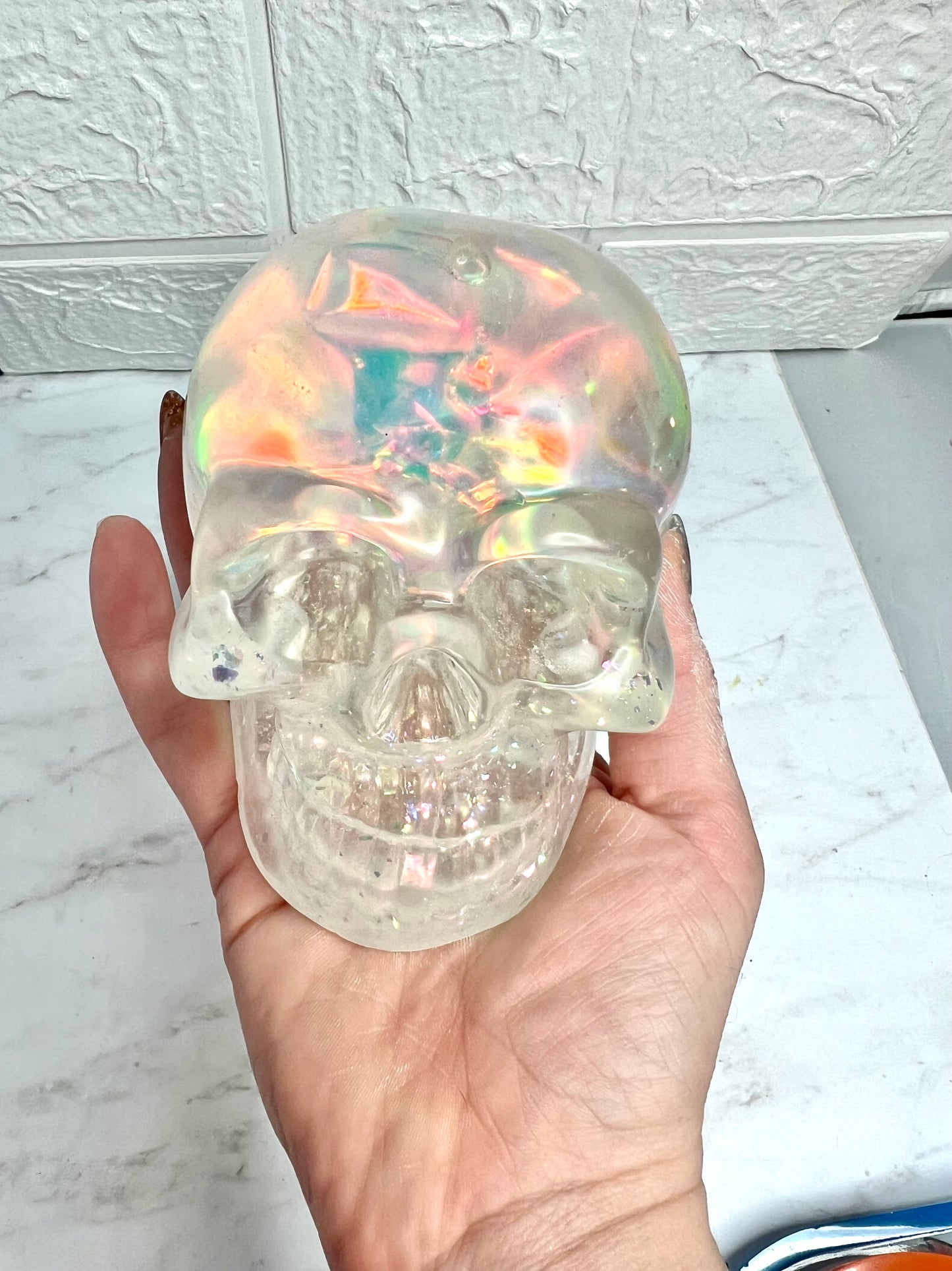 Clear Iridescent Glitter Liquid Core Snow Globe Skull Decoration