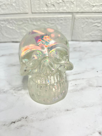 Clear Iridescent Glitter Liquid Core Snow Globe Skull Decoration