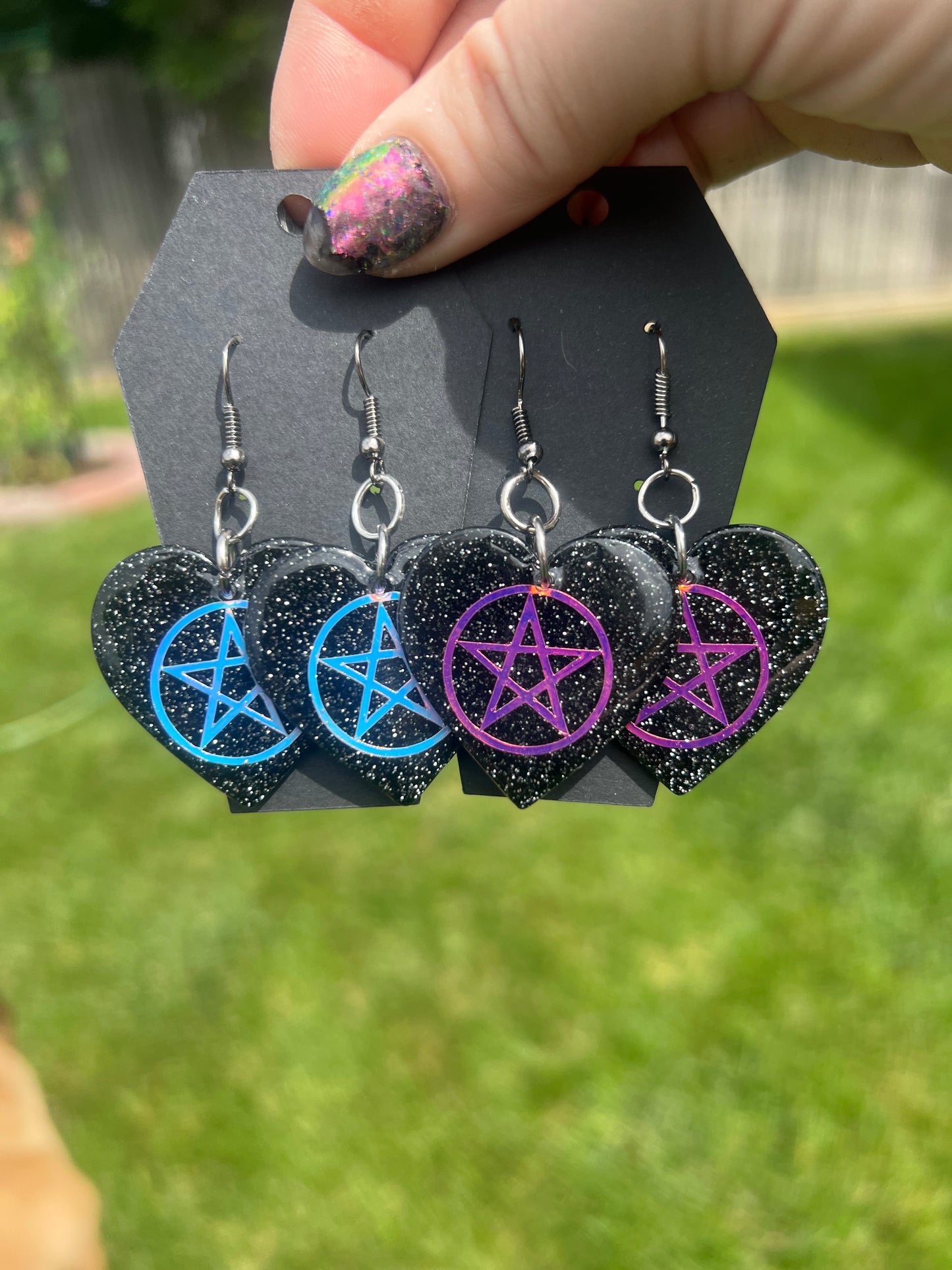 Holographic Pentagram Heart Earrings