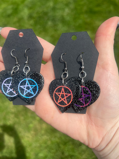 Holographic Pentagram Heart Earrings