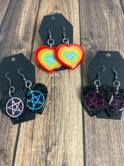 Holographic Pentagram Heart Earrings