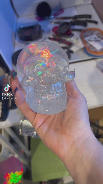 Clear Iridescent Glitter Liquid Core Snow Globe Skull Decoration