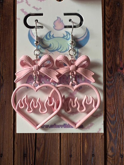 Y2K Flaming Heart Bow Dangle Earrings - Adorrible