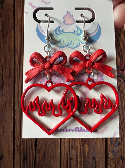 Y2K Flaming Heart Bow Dangle Earrings - Adorrible