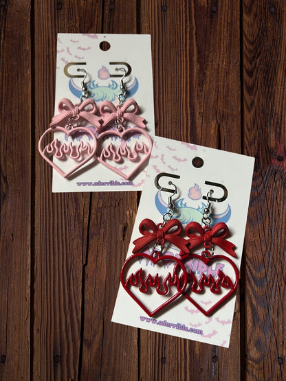 Y2K Flaming Heart Bow Dangle Earrings - Adorrible